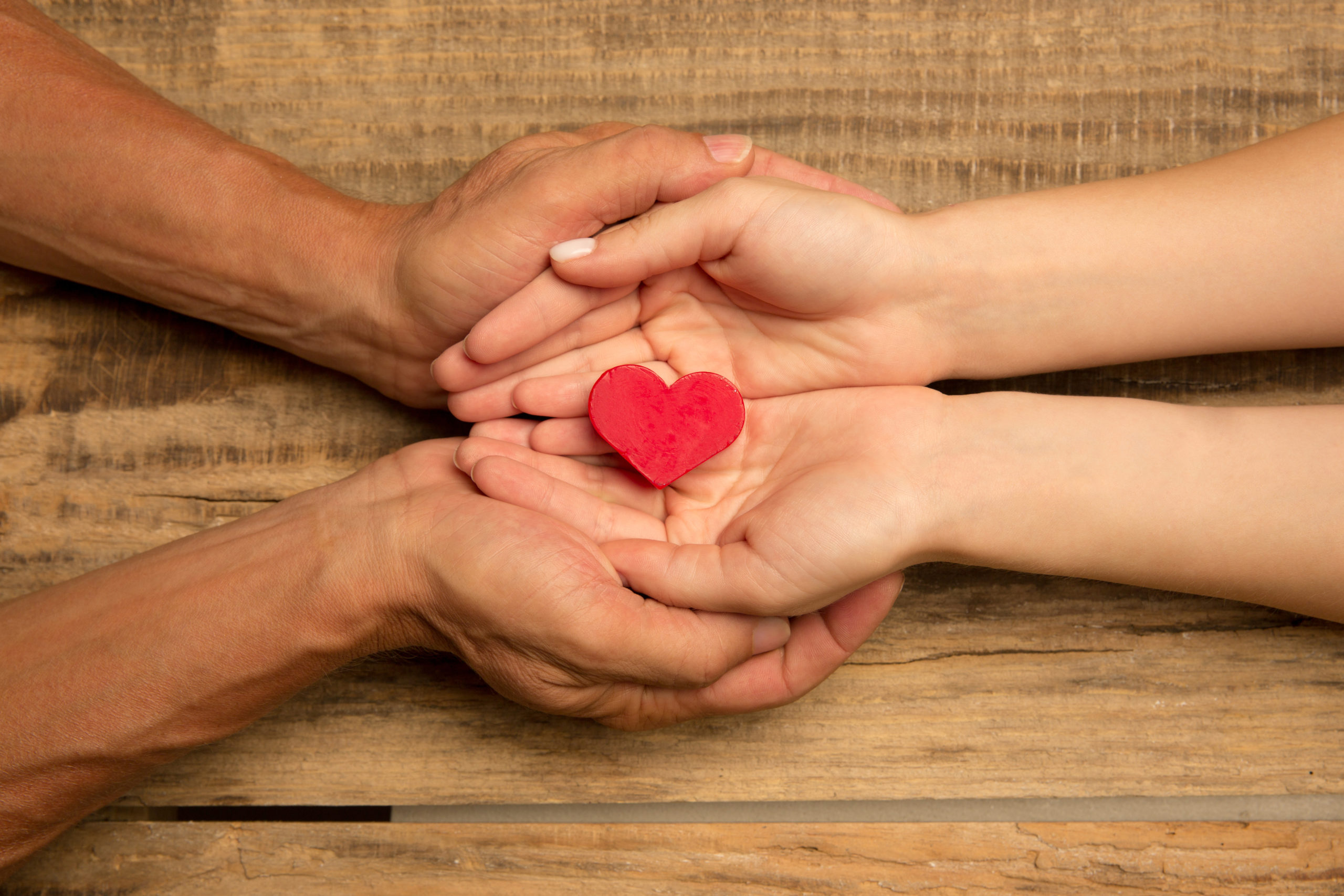 Human hands holding, giving heart isolated on wooden background. Concept of emotions, feelings, charity, family, supporting hand. Thankful, inspirational. Romantic and togetherness.